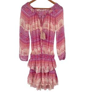 LoveShackFancy Pink Ruffle Tired Cinch Waist Ballon Sleeve Mini Silk Dress Sml